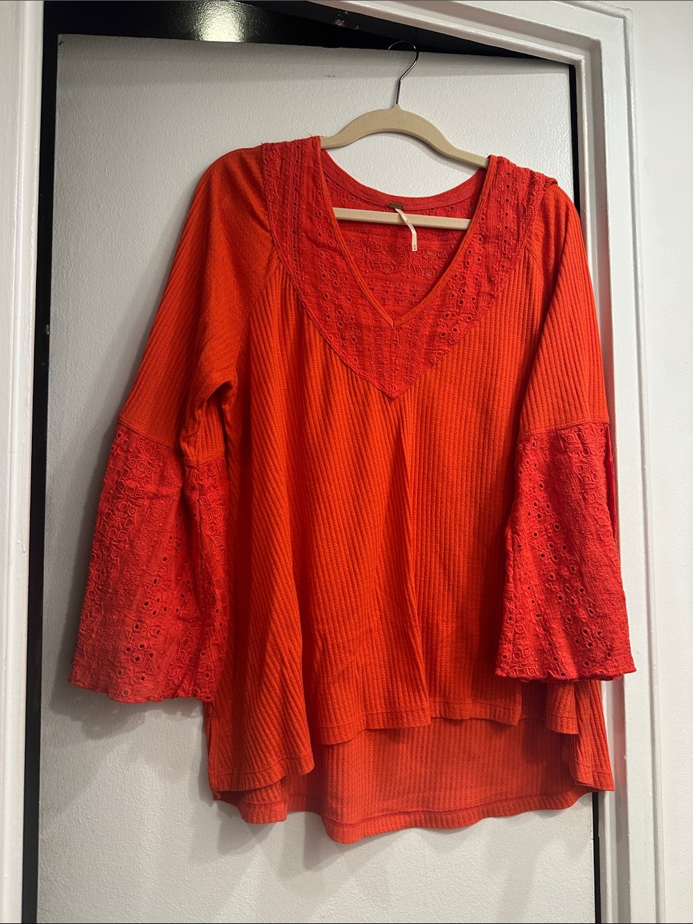 Free People Orange V-Neck Lace Bell Sleeve Tunic